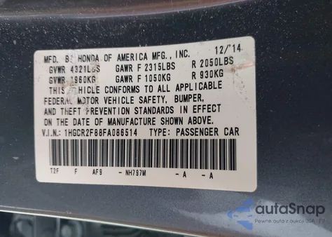 2015 Honda Accord Ex-L from USA, damaged, VIN 1HGCR2F88FA086514